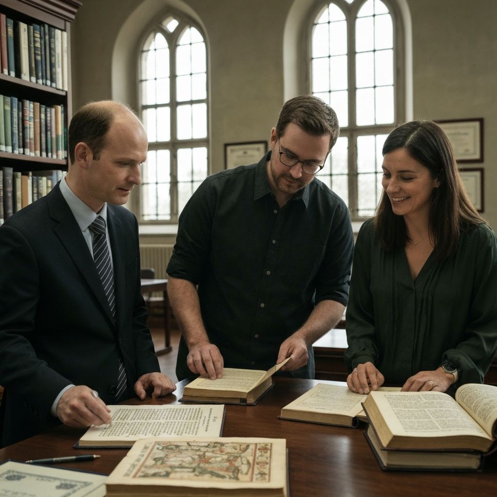 Zespół teologów z dyplomami podczas konsultacji nad biblijnymi manuskryptami